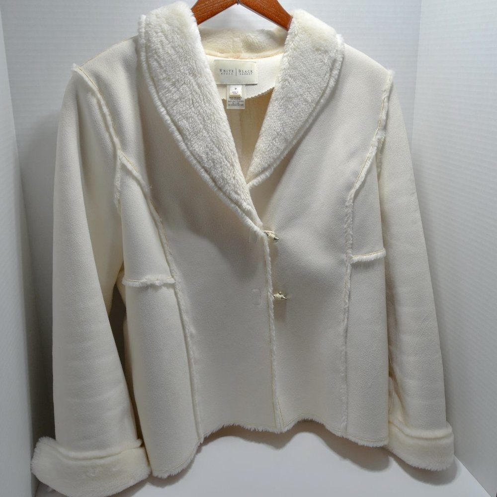White House Black Market Womens Coat Size M Ivory Faux Suede and Fur